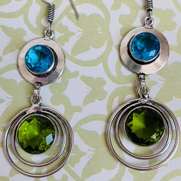 Blue Topaz/Peridot Gemstone 925 Sterling Silver Plated Artisan Dangle Earrings - Picture 7 of 7